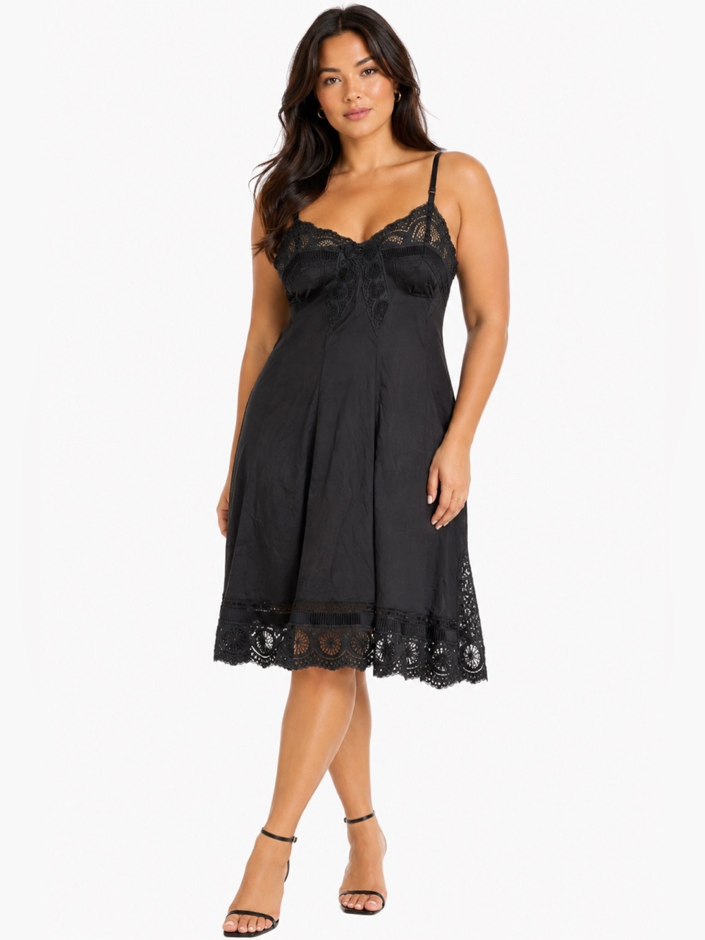 70s 80s European Vintage Silky Unique Lace Slip Dress (Black/Charcoal) Size:M/L